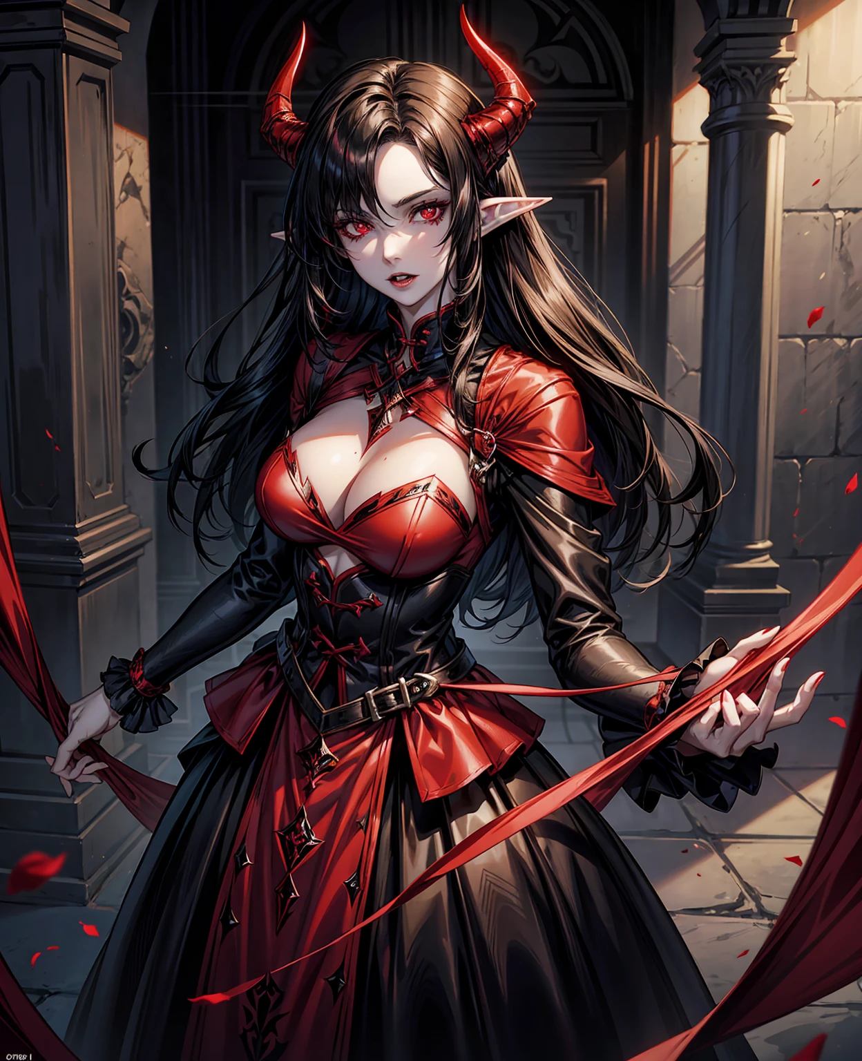 a devilish woman with black hair, pale skin, and red eyes, wearing an elf-like costume, in a dark and mysterious setting,
