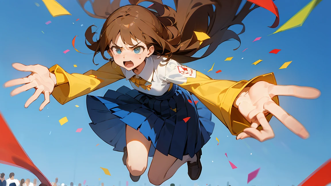 ((Highest quality)), ((masterpiece)), ((Very detailed)),Floatingする女の子,Angry expression，floating，Floating，Confetti，Brown Hair,tears,Levitating,Blue sky background,Feet in the air,tears,gravity,Long skirt,loafers,Raise both hands