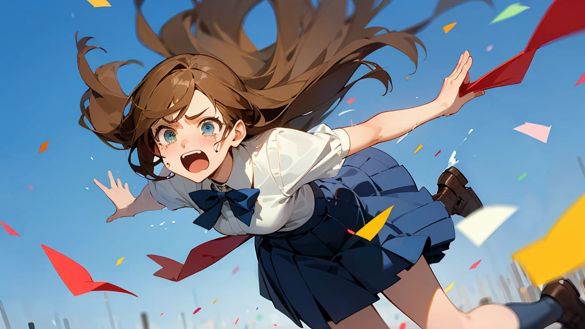 ((Highest quality)), ((masterpiece)), ((Very detailed)),Floatingする女の子,Angry expression,floating,Floating,Confetti,Brown Hair,tears,Levitating,Blue sky background,Feet in the air,tears,gravity,Long skirt,loafers,Raise both hands