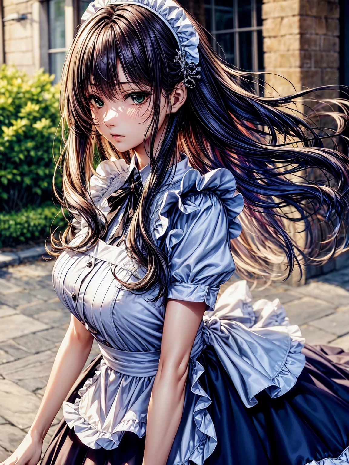 (top-quality、tmasterpiece、high resolution、super high image quality), 1girl, 8K, Rei Himiyama, Amakano, dark purple hair, long hair, straight hair to the waist, perfect figure, 20 years old, F Cup, big butt, green eye, (clear eye white part), maid outfit,dark purple hair,mature face,slim figure