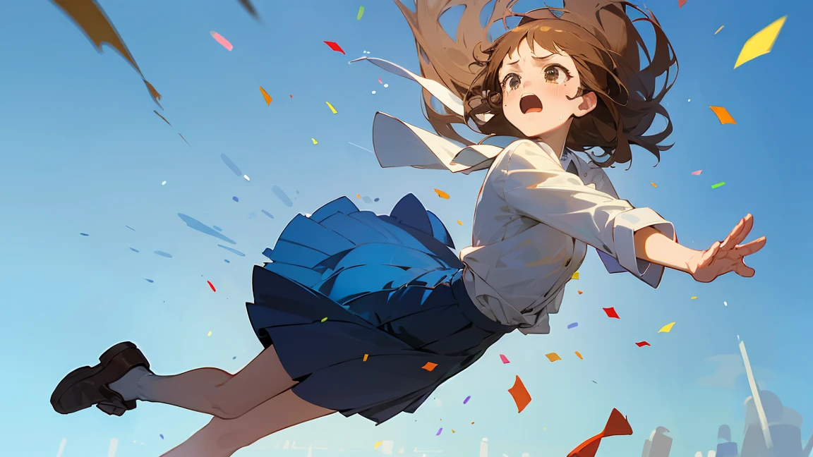 ((Highest quality)), ((masterpiece)), ((Very detailed)),Floatingする***,Angry expression，floating，Floating，Confetti，Brown Hair,tears,Levitating,Blue sky background,Feet in the air,tears,gravity,Long skirt,loafers,Raise both hands