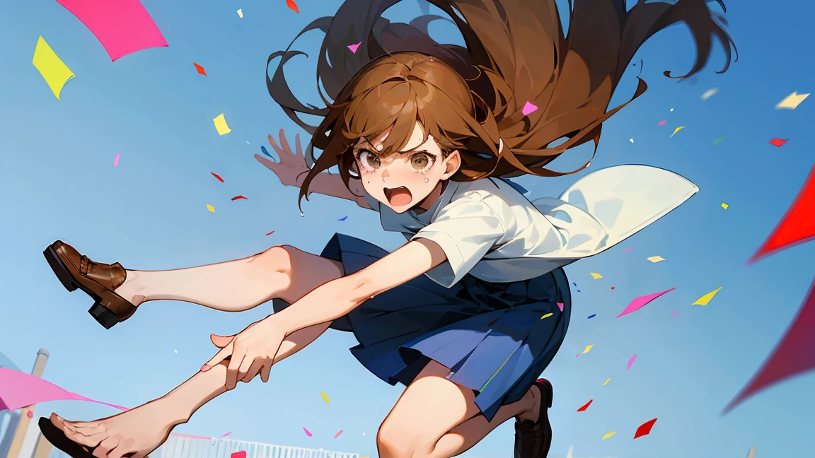 ((Highest quality)), ((masterpiece)), ((Very detailed)),Floatingする女の子,Angry expression，floating，Floating，Confetti，Brown Hair,tears,Levitating,Blue sky background,Feet in the air,tears,gravity,Long skirt,loafers,Raise both hands