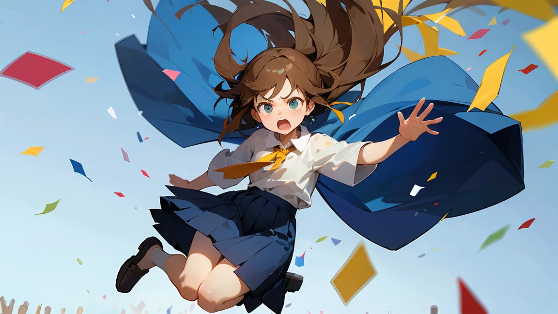 ((Highest quality)), ((masterpiece)), ((Very detailed)),Floatingする女の子,Angry expression，floating，Floating，Confetti，Brown Hair,tears,Levitating,Blue sky background,Feet in the air,tears,gravity,Long skirt,loafers,Raise both hands