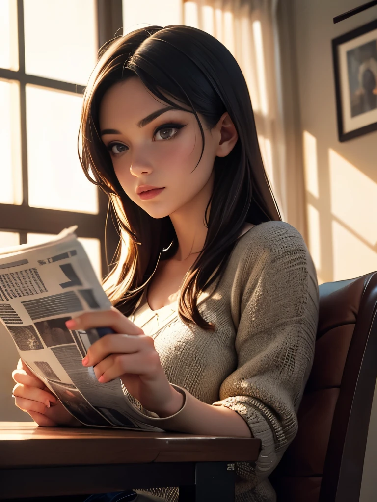 detailed gorgeous European woman. Age 23. reading newspaper,1 woman,beautiful detailed eyes,beautiful detailed lips,extremely detailed face,longeyelashes,sitting on chair,reading newspaper intently,indoor scene,warm lighting,photorealistic,8k,highres,masterpiece,cinematic lighting,oil painting