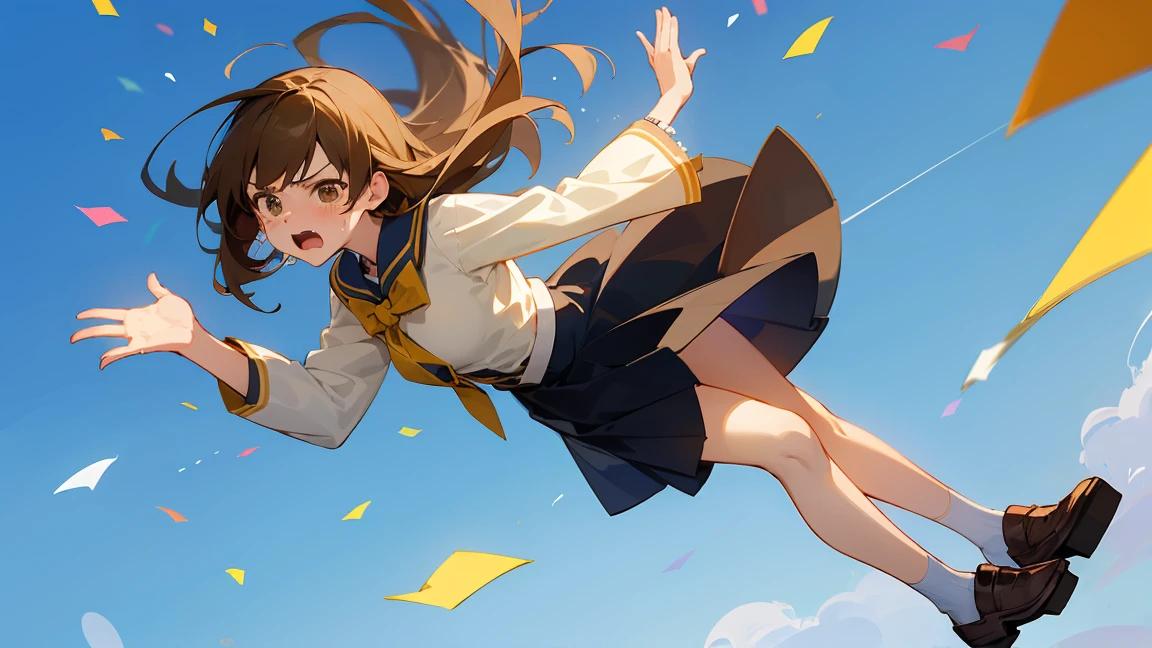 ((Highest quality)), ((masterpiece)), ((Very detailed)),Floatingする女の子,Angry expression，floating，Floating，Confetti，Brown Hair,tears,Levitating,Blue sky background,Feet in the air,tears,gravity,Long skirt,loafers,Raise both hands
