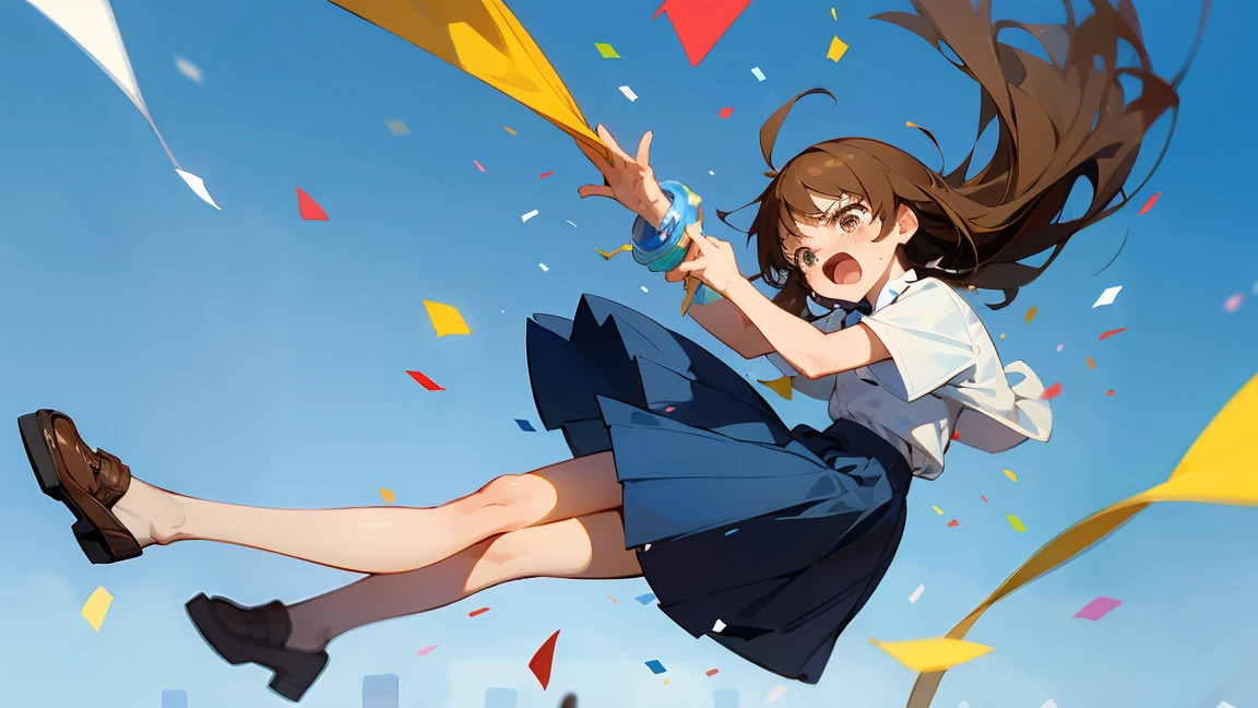 ((Highest quality)), ((masterpiece)), ((Very detailed)),Floatingする女の子,Angry expression,floating,Floating,Confetti,Brown Hair,tears,Levitating,Blue sky background,Feet in the air,tears,gravity,Long skirt,loafers,Raise both hands