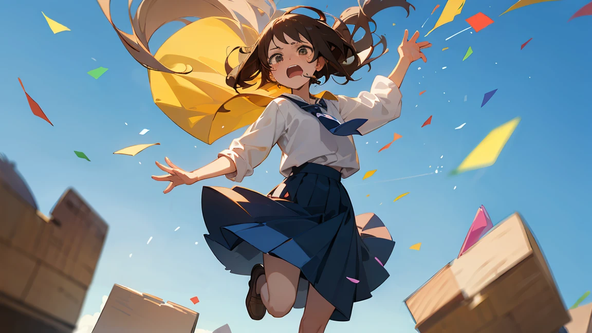 ((Highest quality)), ((masterpiece)), ((Very detailed)),Floatingする女の子,Angry expression,floating,Floating,Confetti,Brown Hair,tears,Levitating,Blue sky background,Feet in the air,tears,gravity,Long skirt,loafers,Raise both hands