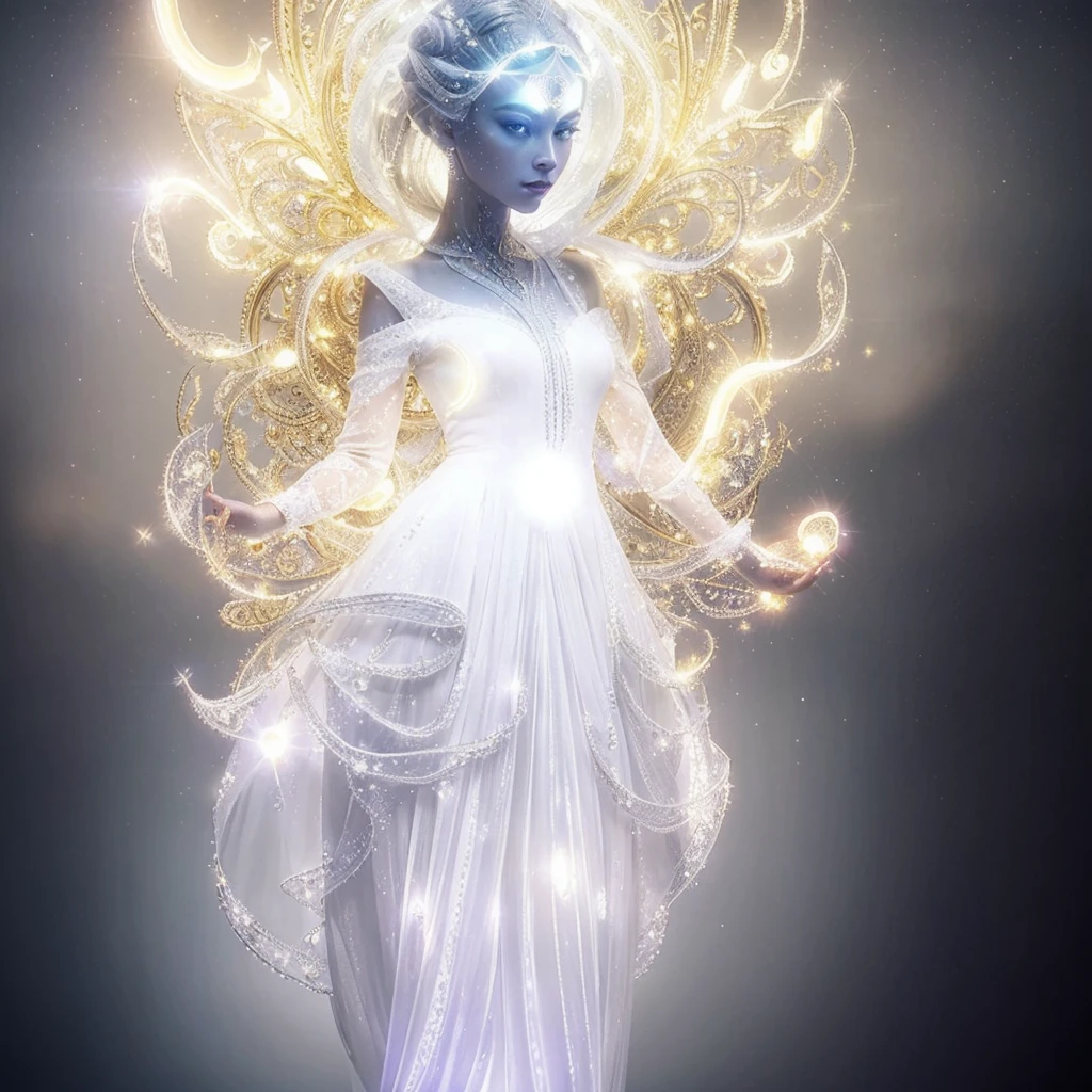 Very real image. Beautiful extraterrestrial goddess, with a long neck, big head, slanted eyes, tiny nose, bright blue luminous dots come out of her neck, she wears a white ruffled dress, she radiates golden lights. Photorealism, full view, highly detailed image, very realistic, hyperrealism, Ultra HD, 8k, 5, sharp focus, intricate and mysterious masterpiece. (Long exposure photography Very detailed close-up portrait artistic illustration: final quality, medium shot, backlight, Rich and striking. Enigmatic and mysterious manipulations (composition of the rule of thirds), ((detailed environment with strong lines) The best quality, in camera, white light, warm and clean aesthetics, dazzling screen composed of millions of brilliant ultraviolet rays, HDR.