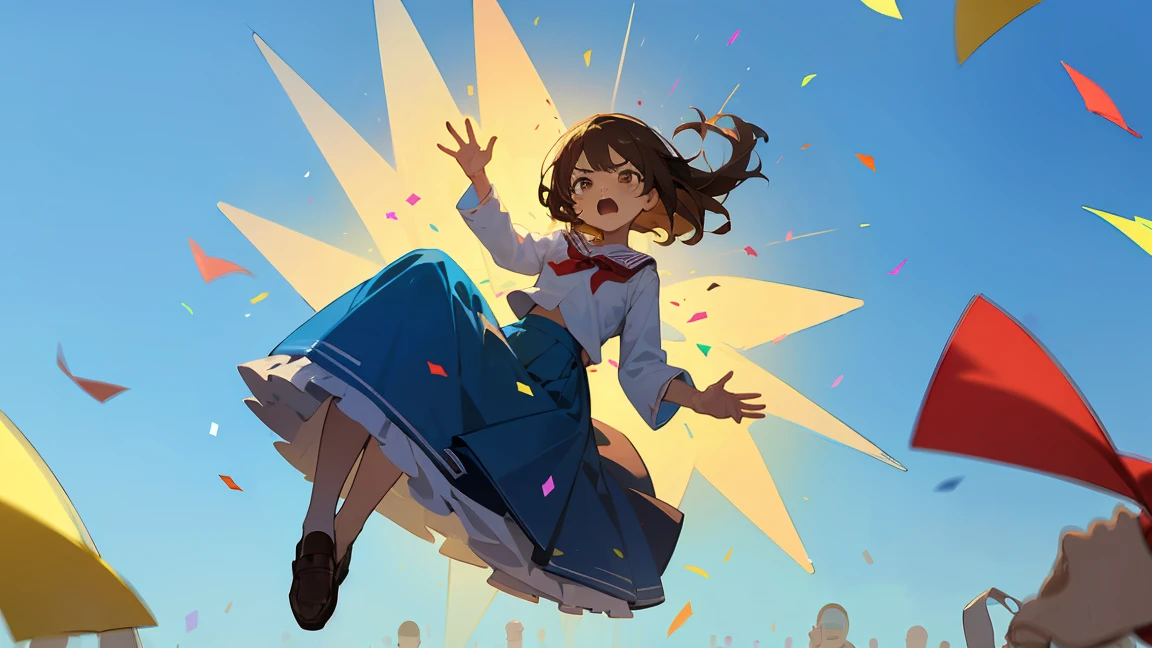 ((Highest quality)), ((masterpiece)), ((Very detailed)),Floatingする女の子,Angry expression，floating，Floating，Confetti，Brown Hair,tears,Levitating,Blue sky background,Feet in the air,tears,gravity,Long skirt,loafers,Raise both hands