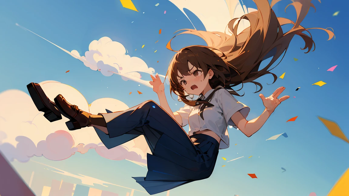 ((Highest quality)), ((masterpiece)), ((Very detailed)),Floatingする***,Angry expression，floating，Floating，Confetti，Brown Hair,tears,Levitating,Blue sky background,Feet in the air,tears,gravity,Long skirt,loafers,Raise both hands