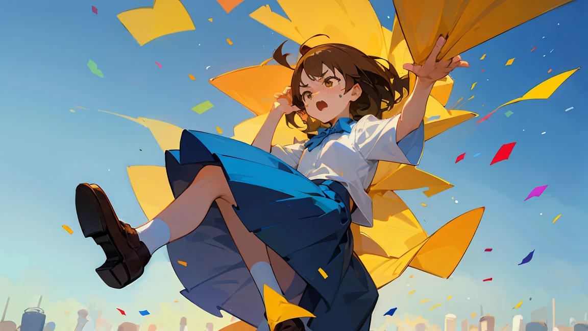 ((Highest quality)), ((masterpiece)), ((Very detailed)),Floatingする***,Angry expression，floating，Floating，Confetti，Brown Hair,tears,Levitating,Blue sky background,Feet in the air,tears,gravity,Long skirt,loafers,Raise both hands