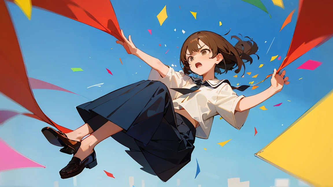 ((Highest quality)), ((masterpiece)), ((Very detailed)),Floatingする女の子,Angry expression,floating,Floating,Confetti,Brown Hair,tears,Levitating,Blue sky background,Feet in the air,tears,gravity,Long skirt,loafers,Raise both hands