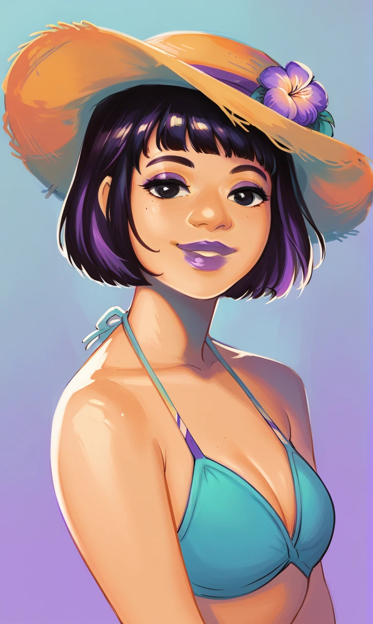 score_9, score_8_up, score_7_up, bg4, 1girl, simple background, Asian, bikini, sunny, lovely, bob cut hair, sun hat, gentle smile, purple lips, black eyes, 
