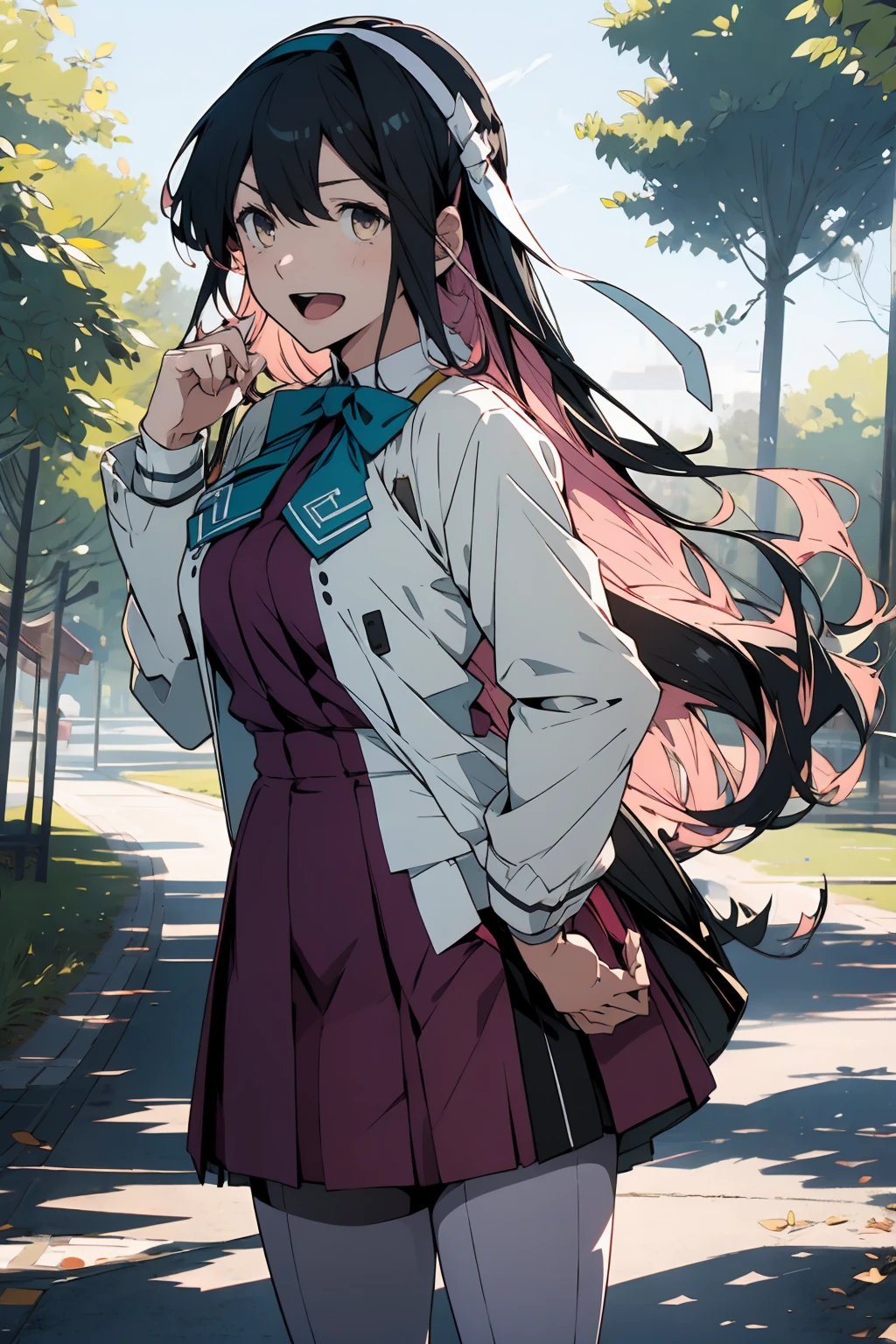 masterpiece, best quality, highres, hmngnm, naganami \(kancolle\), multicolored hair, white hairband, white jacket, purple dress, , grey pantyhose, aqua bowtie, long sleeves, cowboy shot, outdoors standing, hand on hip, smile, open mouth,