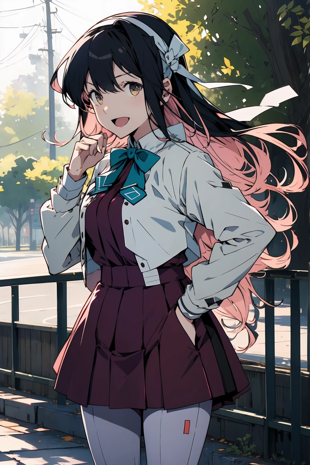 masterpiece, best quality, highres, hmngnm, naganami \(kancolle\), multicolored hair, white hairband, white jacket, purple dress, , grey pantyhose, aqua bowtie, long sleeves, cowboy shot, outdoors standing, hand on hip, smile, open mouth,