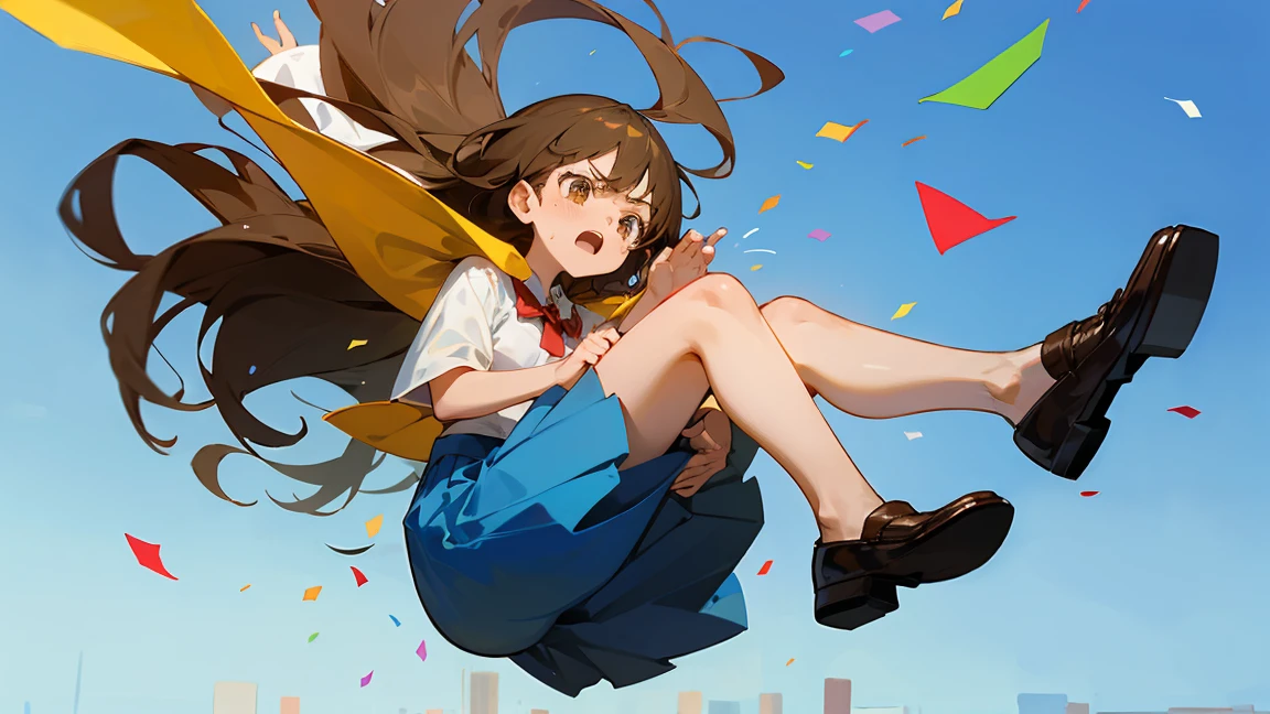 ((Highest quality)), ((masterpiece)), ((Very detailed)),Floatingする女の子,Angry expression，floating，Floating，Confetti，Brown Hair,tears,Levitating,Blue sky background,Feet in the air,tears,gravity,Long skirt,loafers,Raise both hands