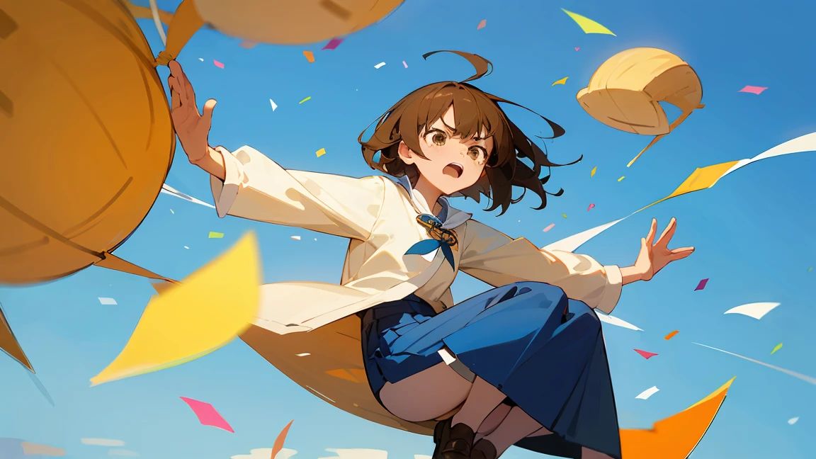 ((Highest quality)), ((masterpiece)), ((Very detailed)),Floatingする女の子,Angry expression,floating,Floating,Confetti,Brown Hair,tears,Levitating,Blue sky background,Feet in the air,tears,gravity,Long skirt,loafers,Raise both hands