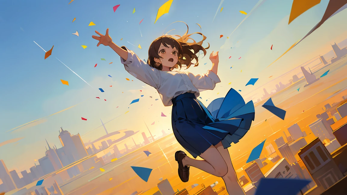 ((Highest quality)), ((masterpiece)), ((Very detailed)),Floatingする***,Angry expression，floating，Floating，Confetti，Brown Hair,tears,Levitating,Blue sky background,Feet in the air,tears,gravity,Long skirt,loafers,Raise both hands