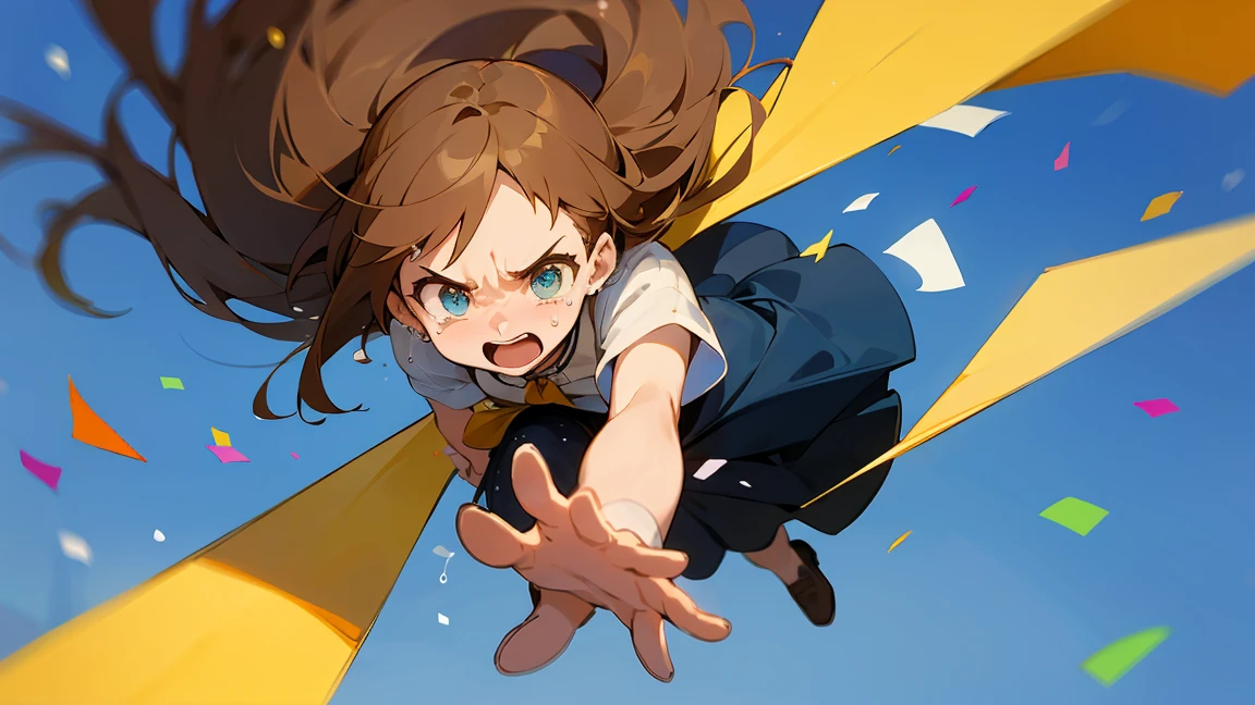 ((Highest quality)), ((masterpiece)), ((Very detailed)),Floatingする女の子,Angry expression，floating，Floating，Confetti，Brown Hair,tears,Levitating,Blue sky background,Feet in the air,tears,gravity,Long skirt,loafers,Raise both hands