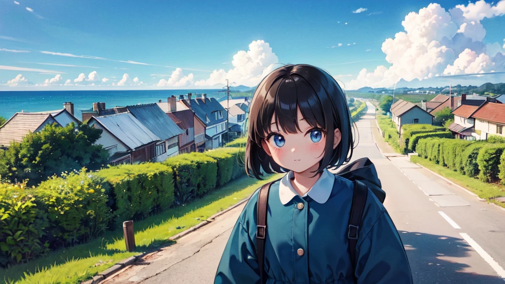 high resolution、Masterpiece、8-year-old girl standing in a rural town, A fusion of 1950s and 1960s aesthetics,I can see the ocean in the distance、Cumulonimbus