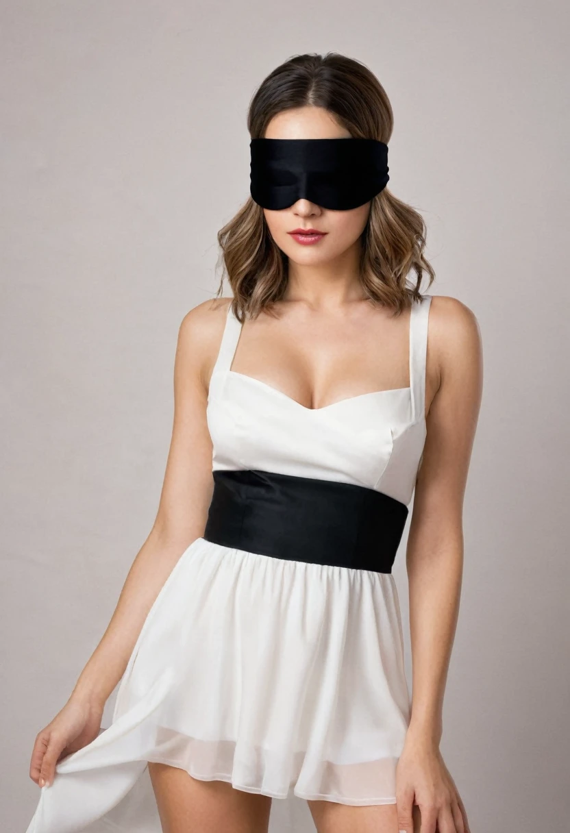 A woman who has a black blindfold and always wears a black and white dress, His hair has always been short and white., his body is tall, medium breasts, thighs and big butt.