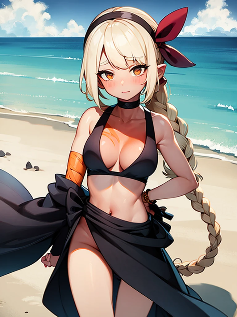 1girl, bandages, bandana, bare_shoulders, beach, blonde_hair, bracelet, braid, breasts, choker, cleavage, cloud, collarbone, dark-skinned_female, dark_skin, doubt_(thedo_ubt), highres, jewelry, khanae_(tomarius), lips, long_hair, looking_at_another, ocean, orange_eyes, original, outdoors, sand, scar, sky, smile, solo, tree, best quality, masterpiece, nai3