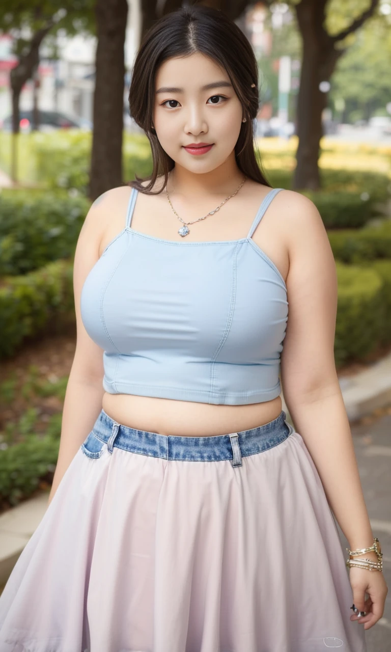 ((best quality)), ((masterpiece)), (detailed), perfect face, araffe woman in a long dark-blue shirt and blue denim skirt walking down a street, thicc, wavy short hair , she has a jiggly fat round belly, bbwchan, wearing tight simple clothes, skinny waist and thick hips, widest hips, her belly is fat and round, soft curvy shape, hyperrealistic full figure, wearing a cute top, wide hips, wearing 10 bracelet , wearing huge diamond necklace