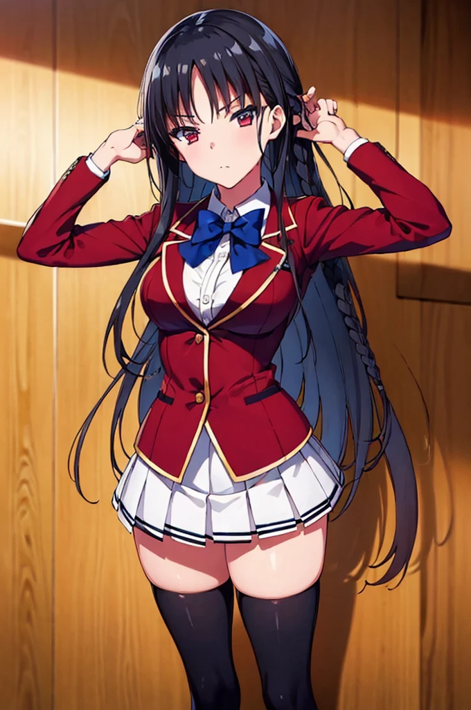 (masterpiece, best quality:1.5), (ultra detailed:1.4), (super fine illustration:1.2), (perfect anatomy:1.5), 8k portrait,
1girl,
Suzune Horikita,
Suzune Horikita \(youjitsu\),
long hair, braid,
black hair,
red eyes, slant eyes, small eyes,
blue bow,
(medium breasts:0.9),
BREAK red jacket, pleated skirt, black thigh-high socks,
looking at viewer, seductive pose, shoot from front,
perfect light, background of indoor,