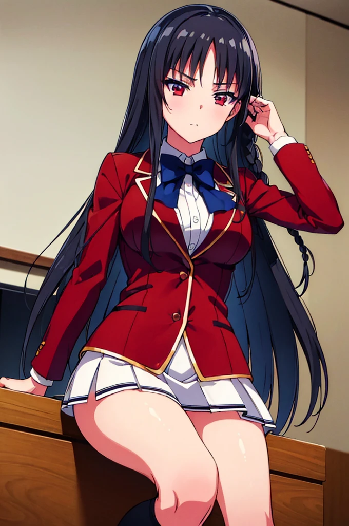(masterpiece, best quality:1.5), (ultra detailed:1.4), (super fine illustration:1.2), (perfect anatomy:1.5), 8k portrait,
1girl,
Suzune Horikita, 
Suzune Horikita \(youjitsu\),
long hair, braid, 
black hair, 
red eyes, slant eyes, small eyes, 
blue bow, 
(medium breasts:0.9), 
BREAK red jacket, pleated skirt, black thigh-high socks,
looking at viewer, seductive pose, shoot from front, 
perfect light, background of indoor, 
