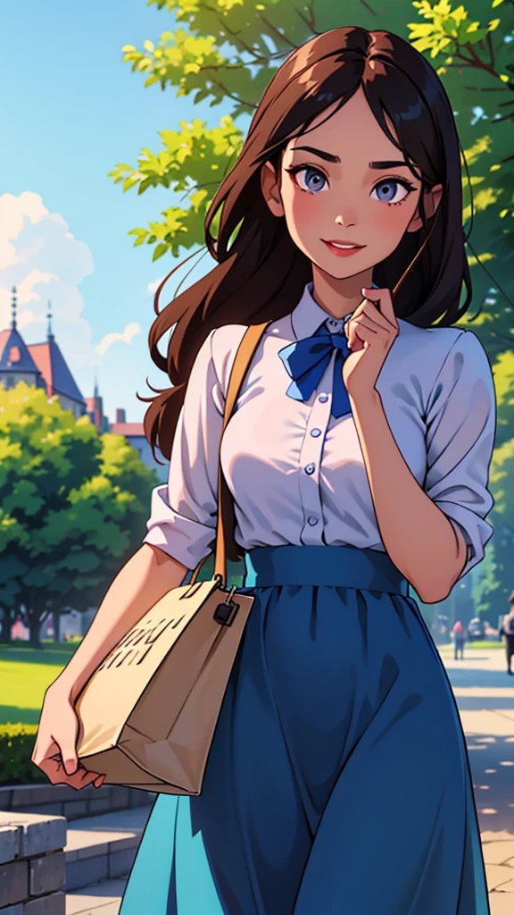 Woman. dark hair. long hair, eyes browns, wearing a blue formal dress, walking in a park, carrying a medium-sized bag with magazines, libero, light pink lipstick, expression of happiness, holding a bible in his right hand, (Friendly expression on the face), (well-detailed face), sunny day, (ultra detaild) ((best qualityer)) Jehovah's Witness, Christian, talking about the Bible