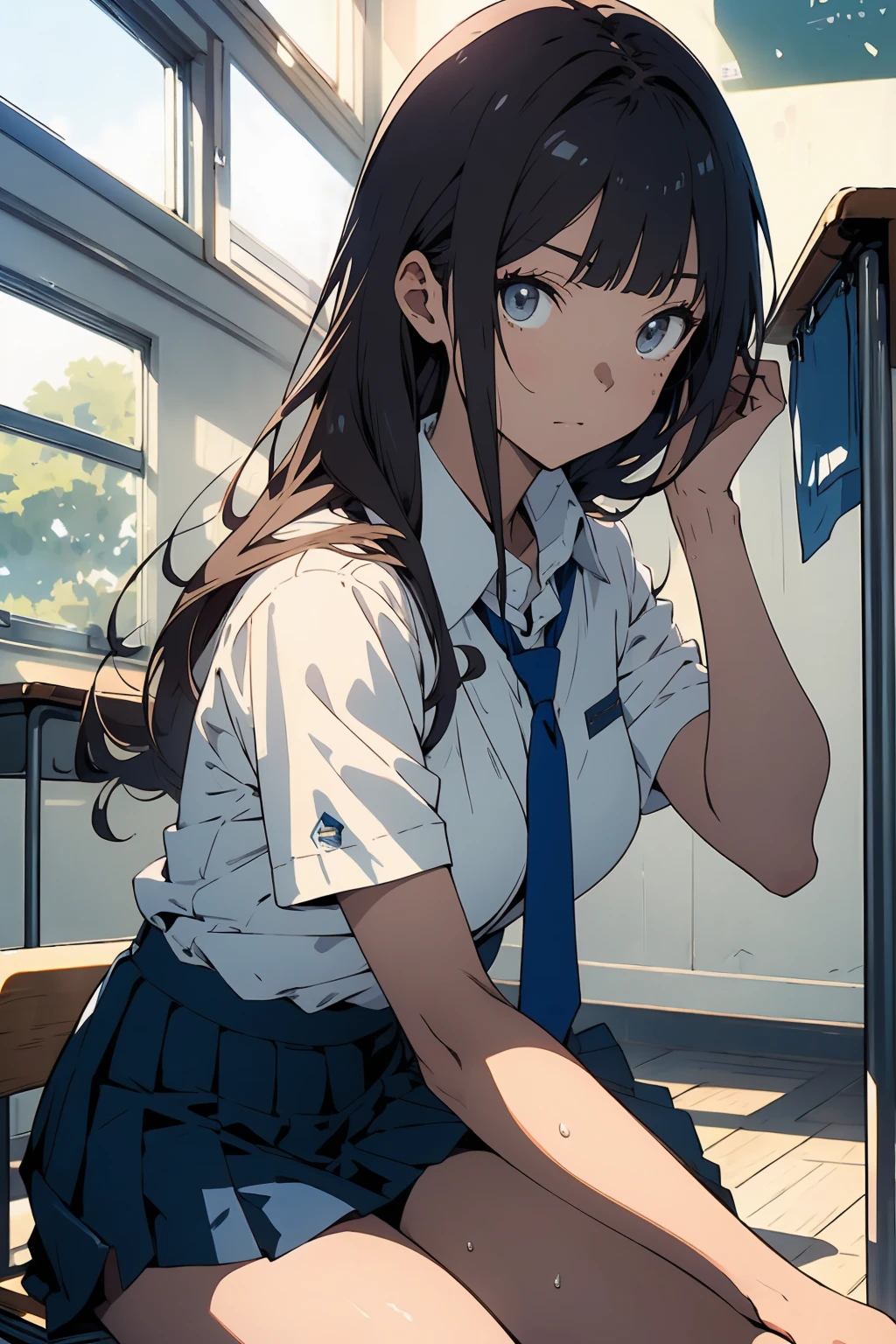 (masterpiece,Best Quality,Detailed beautiful face and eyes,Perfect Anatomy,beautiful illustrations,best anime),cowboy shot,(1woman,solo),sweat,25 year old beauty、brown hair、long hair ,blunt bangs,brown eyes,teaful,Scared look、perfect proportion,slender body,skinny,medium breasts,gleaming skin,oliy skin,shiny skin,sitting,、collared shirt、white shirt、short sleeve、navy blue tie、Dark blue skirt、pleated mini skirt,Black High Socks、daytime、sunlight、classroom、school building、Schools in Japan、