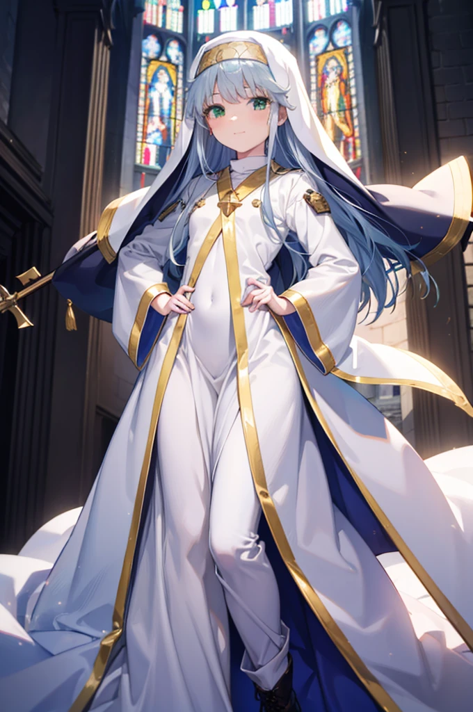 index, index, (Green Eyes:1.5), Silver Hair, Long Hair, (Flat Chest:1.2),Grin,
break habit, Long sleeve, Nuns, Robe, white Robe, Wide sleeves,Long skirt,boots,Put your right hand on your hip,In his left hand he holds a long staff bearing a holy cross,whole bodyがイラストに入るように,
break looking at viewer, whole body,
break indoors, church,
break (masterpiece:1.2), Highest quality, High resolution, unity 8k wallpaper, (figure:0.8), (Beautiful attention to detail:1.6), Highly detailed face, Perfect lighting, Highly detailed CG, (Perfect hands, Perfect Anatomy),
