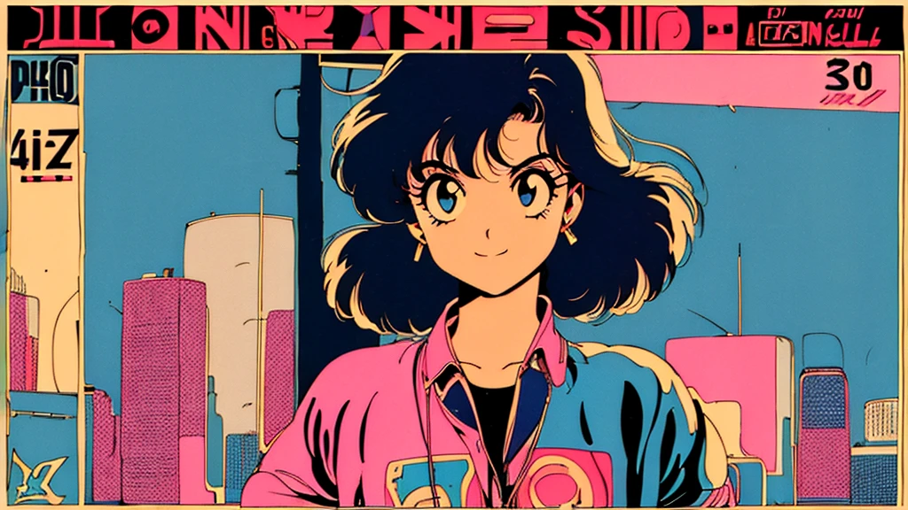 (80's, Retro, City Pop Poster:1.5), (Album cover), (masterpiece, Highest quality), (anime, figure), Best Photo Poses, Dynamic Angle, Cowboy Shot, alone, smile, A perfect eye for detail, Delicate face, High Fashion, Retroなゲームセンター、American casual、jazz、the 90s、Vintage、tobacco、speaker、Saxophone、rain、 Knight、City Boy、Retro、citypop、90s、Dynamic Angle, Stylish、headphone、animeの雰囲気、4k、American casual、night、
