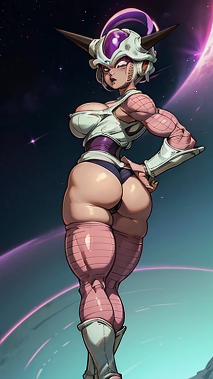 frieza gender bend, big breasts, deep cleavage, round ass, round Buttocks, cameltoe, wide hips, leg spread apart, tail warp around, her hips swaying, skimpy armor, ass view bending over