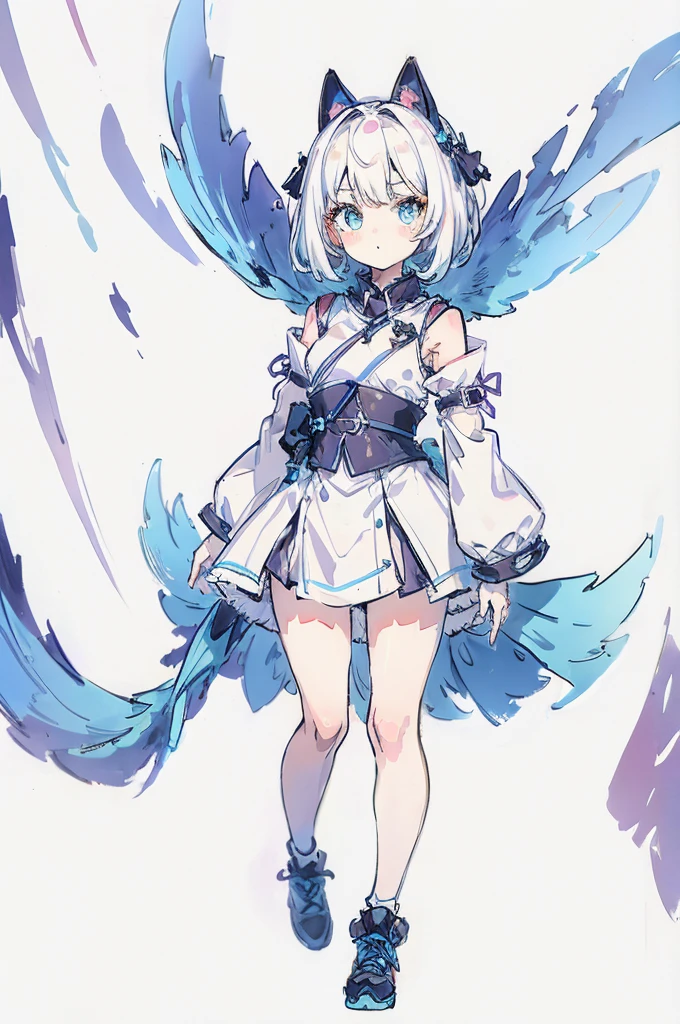 Highest_quality, masterpiece,
One girl, chest, 乳white色とブルー_hair, 一人in, Light_dress, white_dress, blue_eye, arms_magicwand, hair_ornament, chestの谷between, hair_star, flower, magicwand_Holding_arms, Looking_in_Audience, thighhighs, 前hair, Holding_magicwand, just_shoulder, white_scarf, scarf, boots, thigh_boots, gloves, independent_sleeve, full_body, white_thighhighs, Side Lock, Grass, Moderate_chest, white_footwear, hair_between_eye, black_gloves, Broke up_lips, Partially_Fingerless_gloves, feinhers、