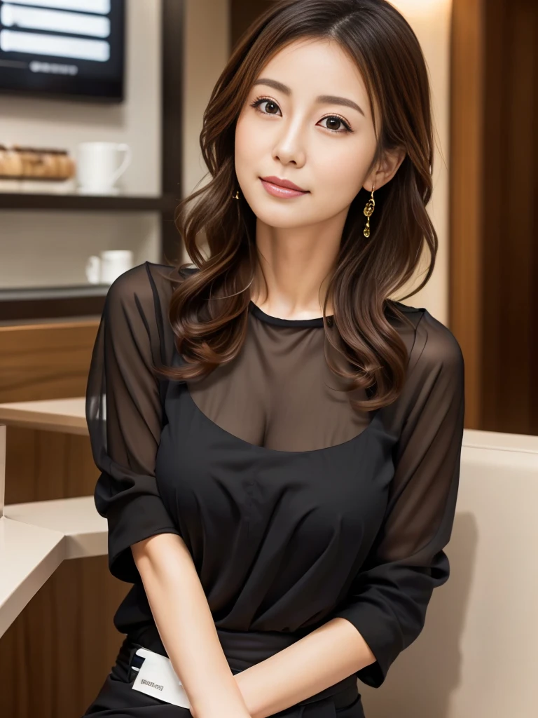 1 Girl, (Wearing a black blouse:1.2), Beautiful Japanese actresses,
(RAW Photos, Highest quality), (Realistic, Photorealistic:1.4), masterpiece,
Very delicate and beautiful, Very detailed, 2k wallpaper, wonderful,
finely, Very detailed CG Unity 8K 壁紙, Very detailedな, High resolution,
Soft Light, Beautiful detailed girl, Very detailed目と顔, Beautiful and detailed nose, Beautiful and detailed, Cinema Lighting,
break
(With a stylish cafe interior as the background 1.3), airport、
Cabin attendant
