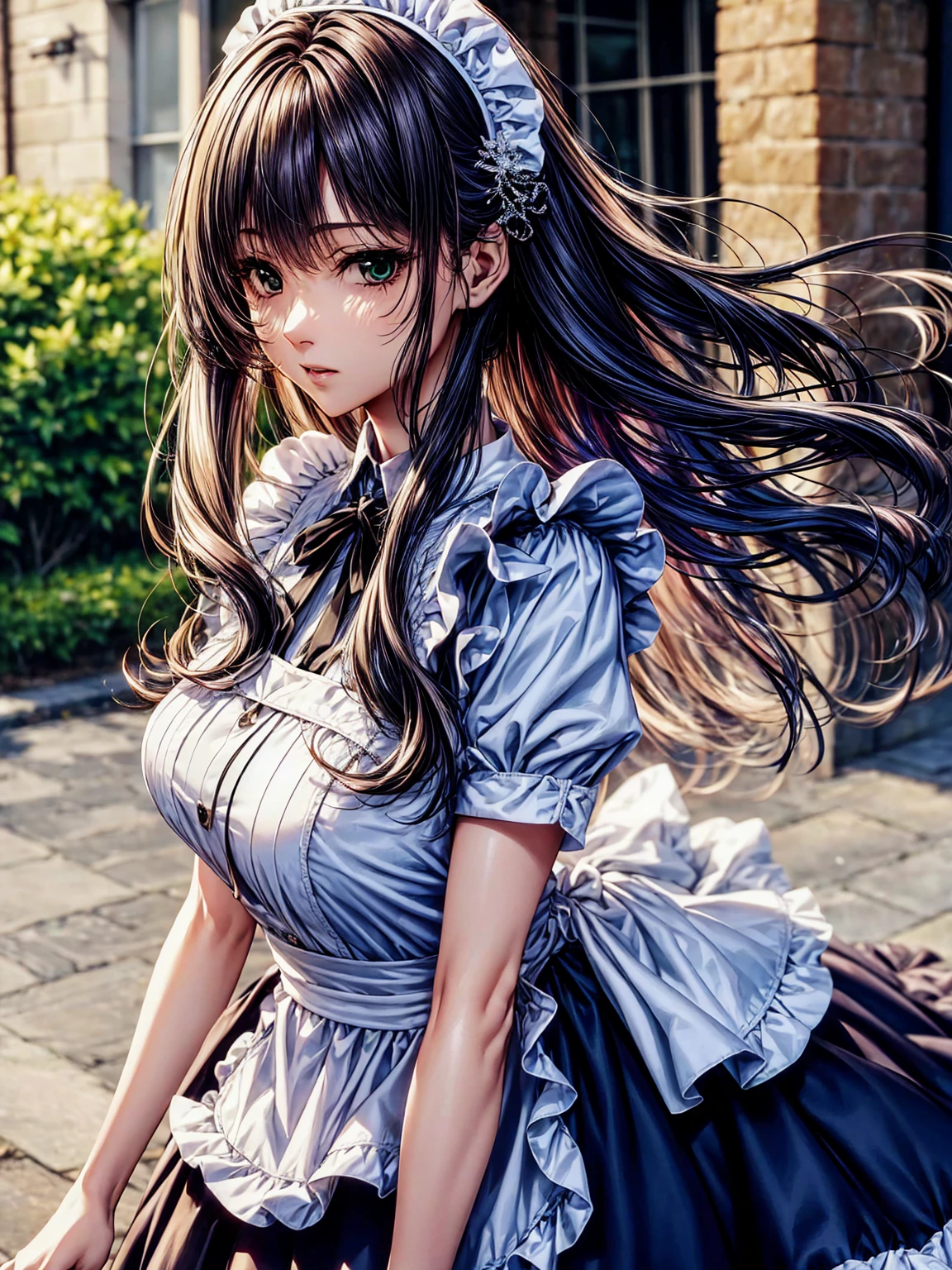 (top-quality、tmasterpiece、high resolution、super high image quality), 1girl, 8K, Rei Himiyama, Amakano, dark purple hair, long hair, straight hair to the waist, perfect figure, 20 years old, F Cup, big butt, green eye, (clear eye white part), maid outfit,dark purple hair,mature face,slim figure