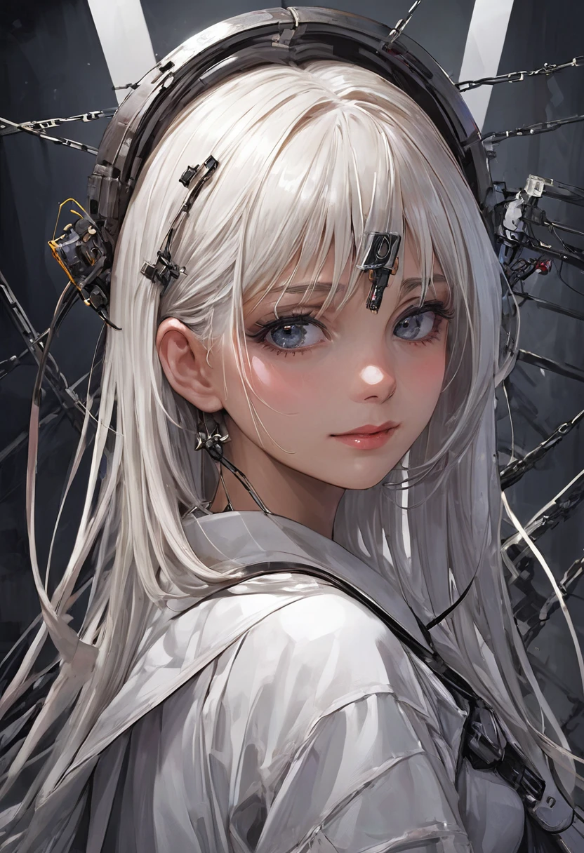 masterpiece, best quality, 1girl, white hair, adult, fully mature, surronding by cable and wire , broken parts , apocalypse .