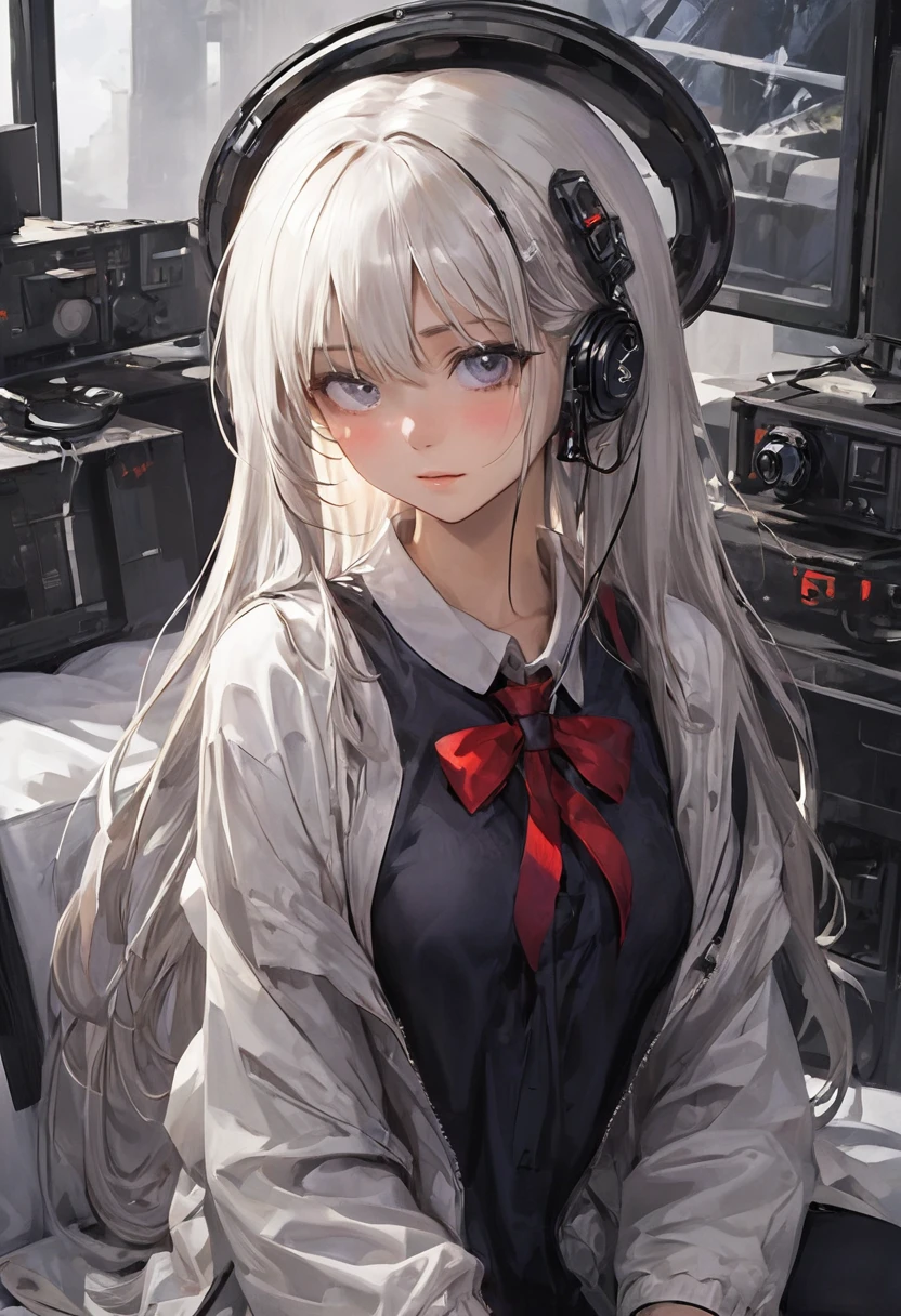 masterpiece, best quality, 1girl, white hair, adult, fully mature, surronding by cable and wire , broken parts , apocalypse .