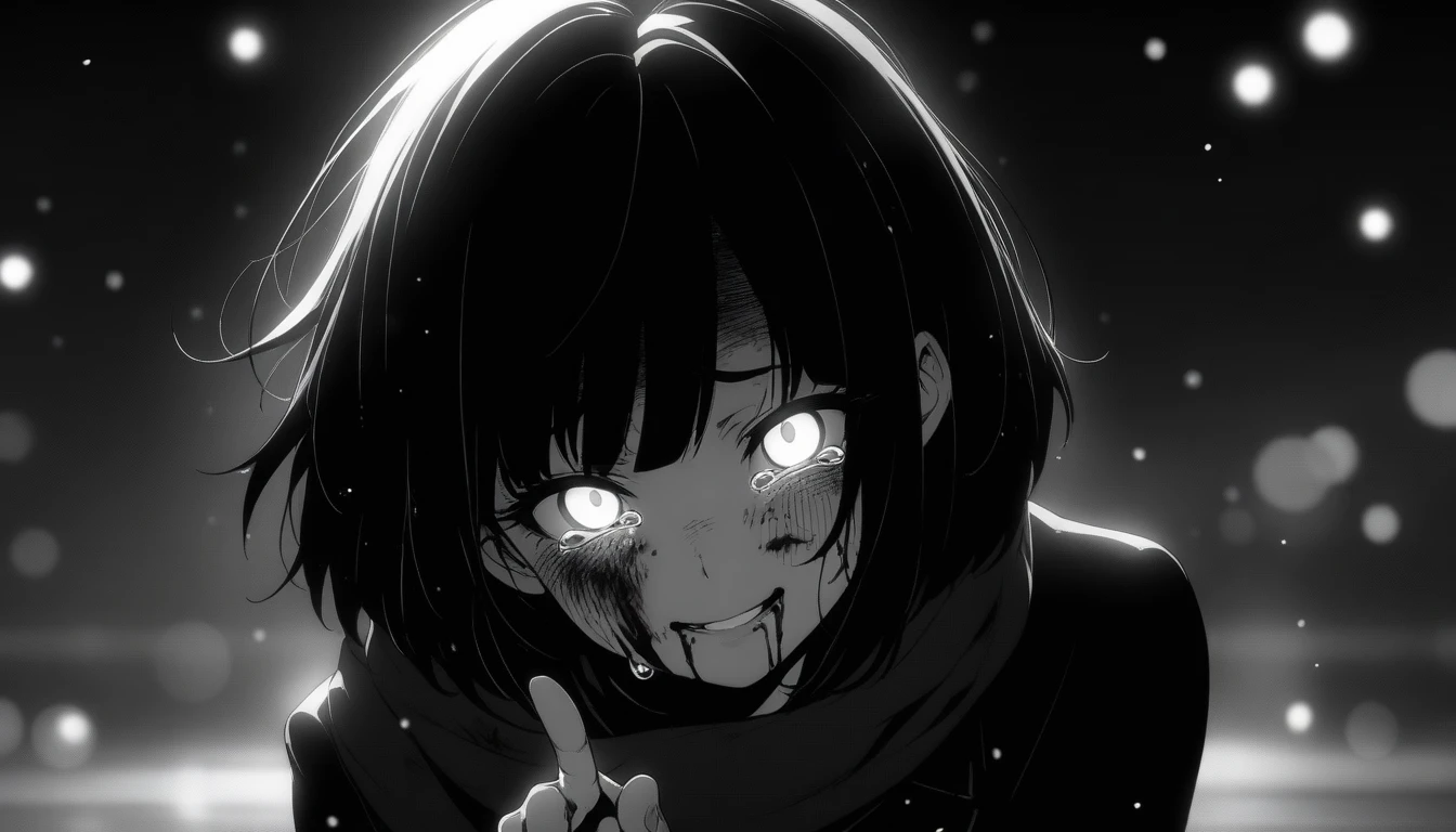 masterpiece, best quality, 1girl, momose_\(oqo\) official art, clamp \(circle\) official art, grayscale, manga style, japanese, chi no wadachi, black eyes, glowing white pupils, street, iced, black hair, schoolbag, smile, crying, tears, tears streaming, blood, blood_from_mouth, bruise, nosebleed, lineart, face against the ground, looking at viewer, blood on face, black coat, black scarf, 35 years old, mature_female:1, tall, fair skinned, bokeh background, streaming, bob cut, light particles, centered, snowing, emotional anime scene, (very aesthetic, best quality, ultra detailed), intricate details, red and blue lights flashing, camera glare, finger_gun, pointing at viewer
