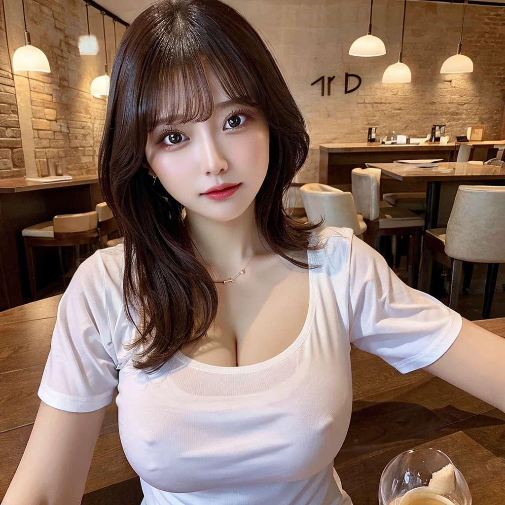 Tabletop, wine glass, Highest quality, shape, Very detailed, finely, High resolution, 8k wallpaper, Perfect dynamic composition shape, Beautiful and beautiful eyes, Natural Lip, Sexy T-shirt, Big Breasts, Cleavage, Random sexy poses