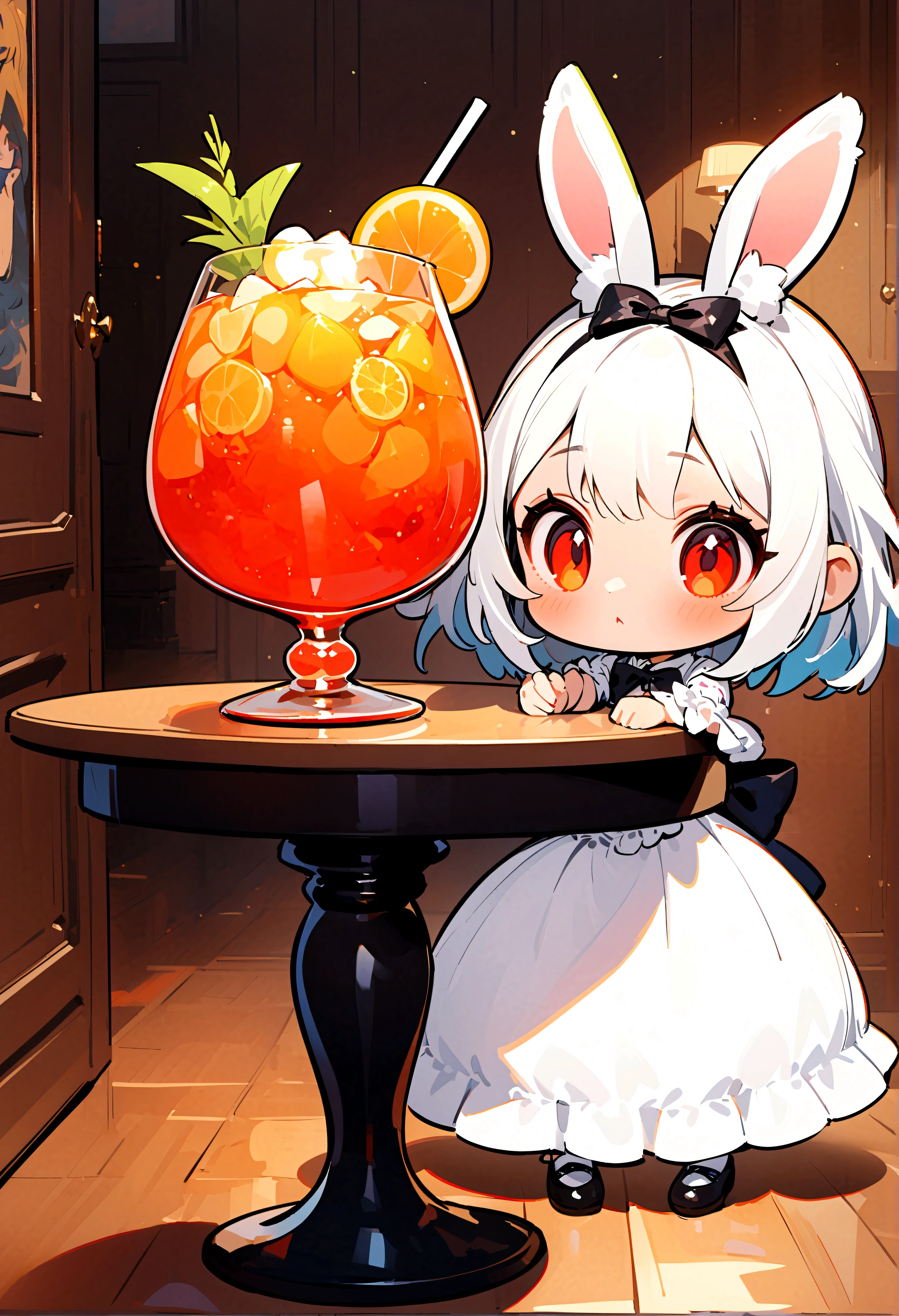 (2.5D),oil painting,solo,#1 girl(2.5D,Chibi,cute,kawaii,small ???,white hair:1.4,long,hair,rabbit ear,white long dress with frill,red eyes,big eyes,skin color white,big black hairbow,thinking about somthing),#background(inside,gothic room,simple,colorful cocktail on the table),(2.5D)