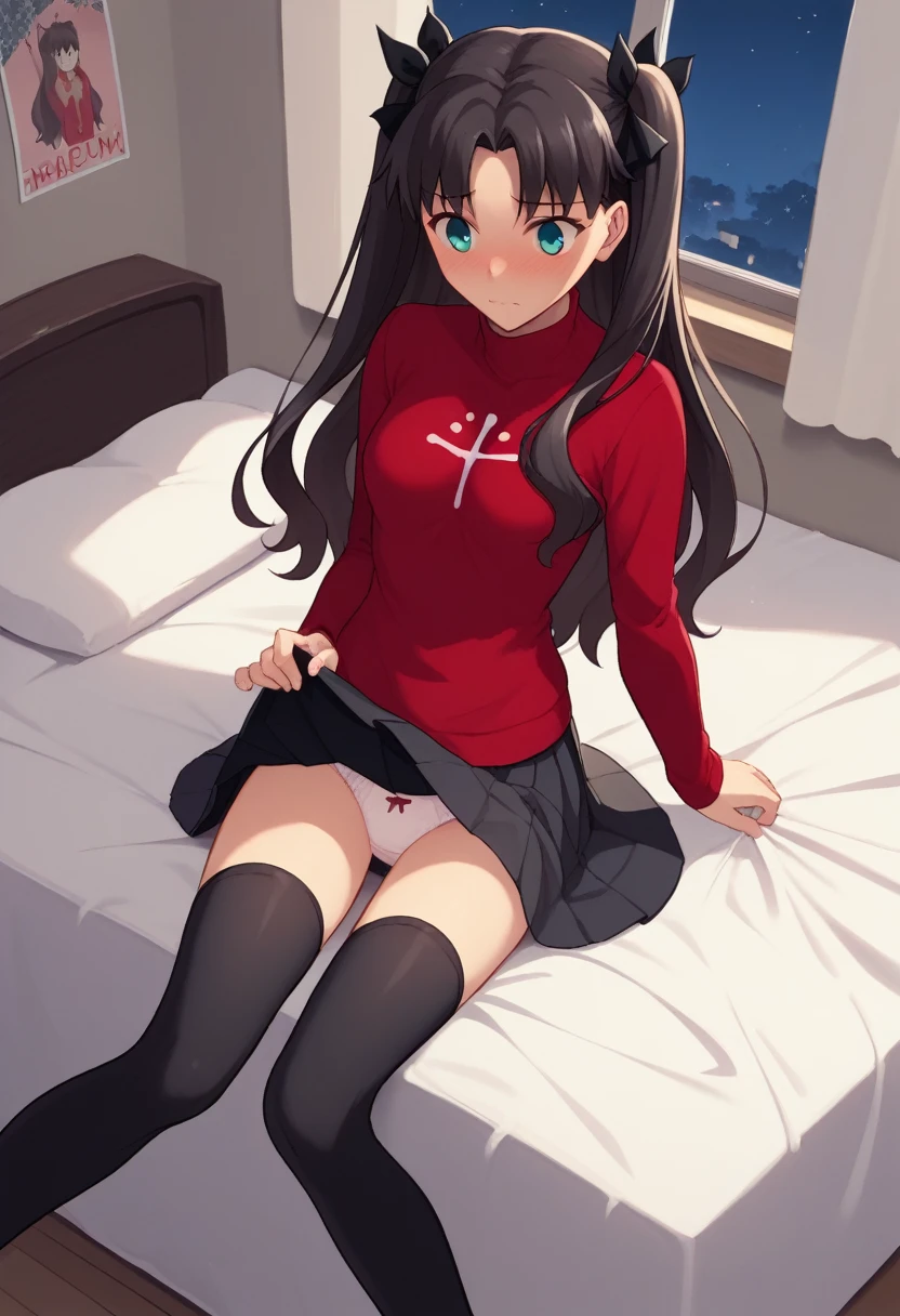 score_9, score_8_up, score_7_up, source_anime,1girl, , cute, beautiful,young, Large four poster bed, bedroom,maroon silk sheets,a window with a night sky view, at night, nervous, nsfw, from above, , hi-res, 8k, rin tohsaka, {aqua eyes, black hair, hair ribbon, long hair, ribbon, sidelocks, two side up, parted bangs,, black skirt, black thighhighs, long sleeves, miniskirt, pleated skirt, red sweater, skirt, sweater, thighhighs, turtleneck, blush, panties, skirt lift
