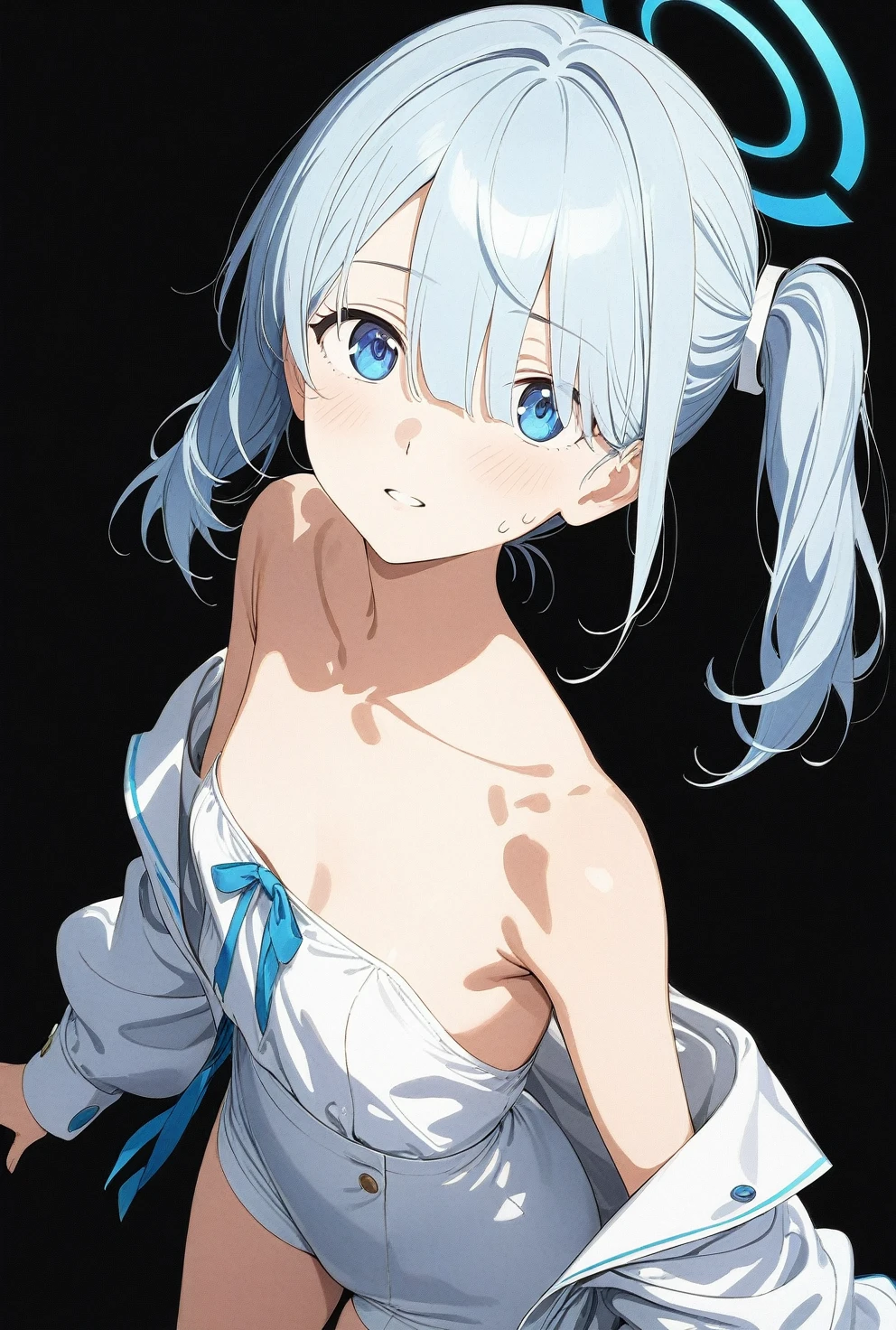 best quality, amazing quality, very aesthetic, absurdres, 1girl, arona (blue archive), blue archive, blue eyes, hair, strapless, (artist official art:1.5), (realistic face), (narrowed eyes), (cowboy shot:2), (concept art:1.5), panties, (thigh), expressive eyes, perfect face, 4k, extremely detailed anime illustration, extremely detailed eyes, enhanced details, perfect anatomy, light rays, photo background, extremely delicate body, smooth skin, feminine expression, (black background:1.5), cristal clear eyes, beautiful face, small breasts
