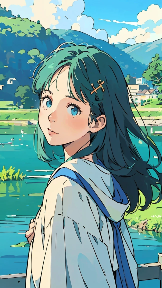 Beautiful blue sky like Ghibli White cloud nostalgic Anime High Quality、Detailed Description、One Girl、Green Hair、Long Hair、White hood、blue eyes、white customs、Holding the Cross、prayer、Christian、Lake in the background、Lake Suwa in the background
