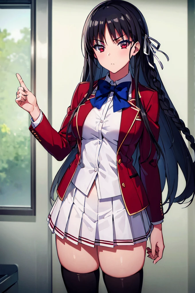 (masterpiece, best quality:1.5), (ultra detailed:1.4), (super fine illustration:1.2), (perfect ???????:1.5), 
1girl,
Suzune Horikita, 
Suzune Horikita \(youjitsu\),
long hair, braid, 
black hair, 
red eyes, slant eyes, small eyes, 
blue bow, 
(??????????????:0.9), 
BREAK red jacket, pleated skirt, black thigh-high socks,
looking at viewer, seductive pose, shoot from front, 
perfect light, background of indoor, 