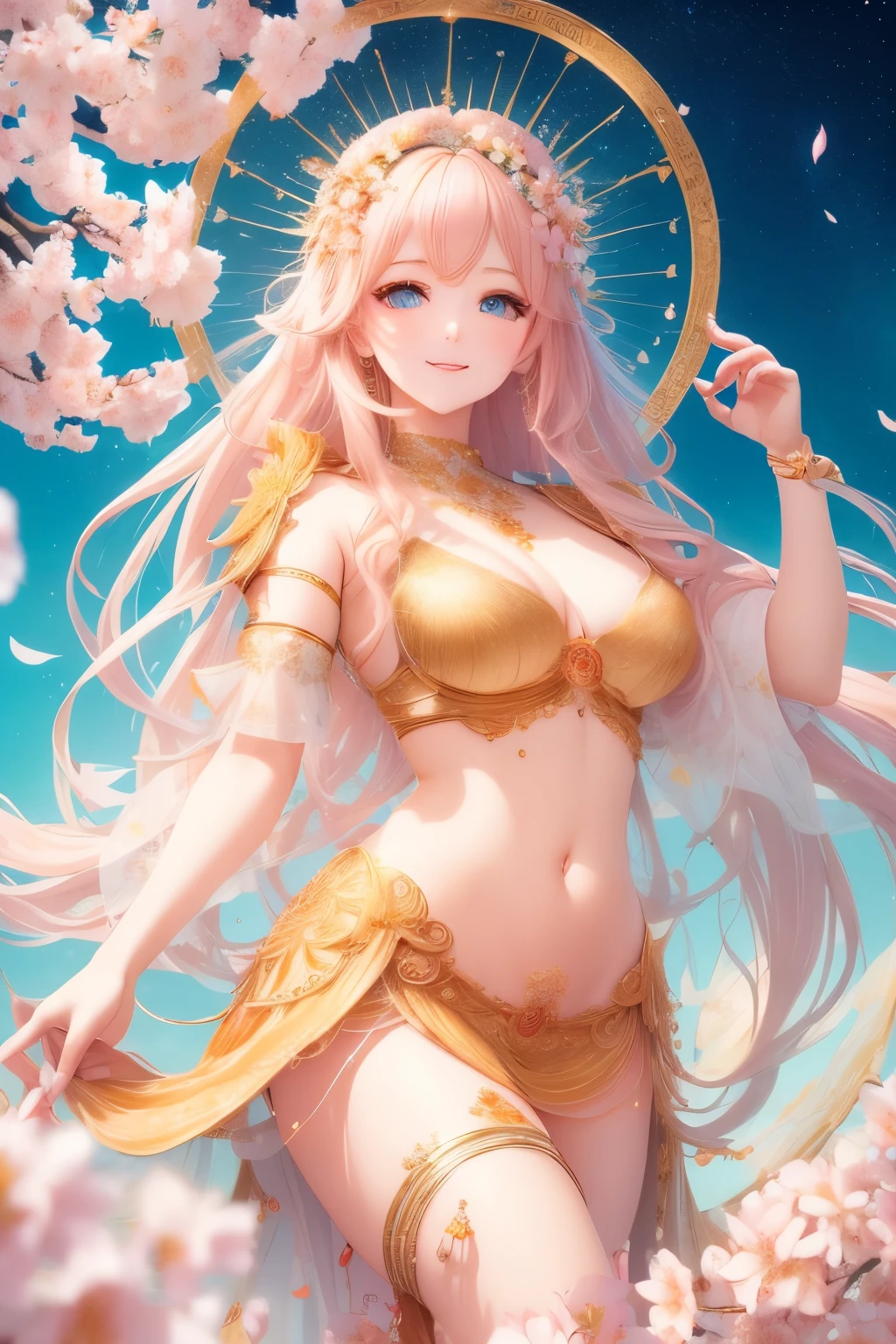 Highest quality, 32k, RAW Photos, Incredibly absurd, Very detailed, Delicate texture, Cherry blossoms at the summit, Orange lilies at the bottom, A beautiful celestial maiden dances within the circular golden lattice in the center., pastel colour