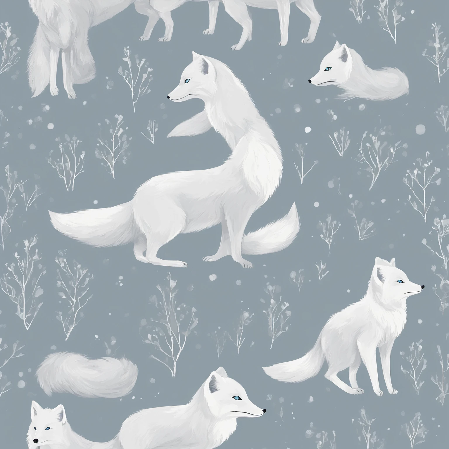 isolated vector art featuring the elegant Arctic fox. Utilize soft lines and a muted color palette to capture the beauty of this creature's fur and its icy environment. Focus on the fox's distinctive features, such as its fluffy tail and pointed ears. This design embodies the grace and resilience of the Arctic fox in its natural habitat, no-background, in the style of 0mib