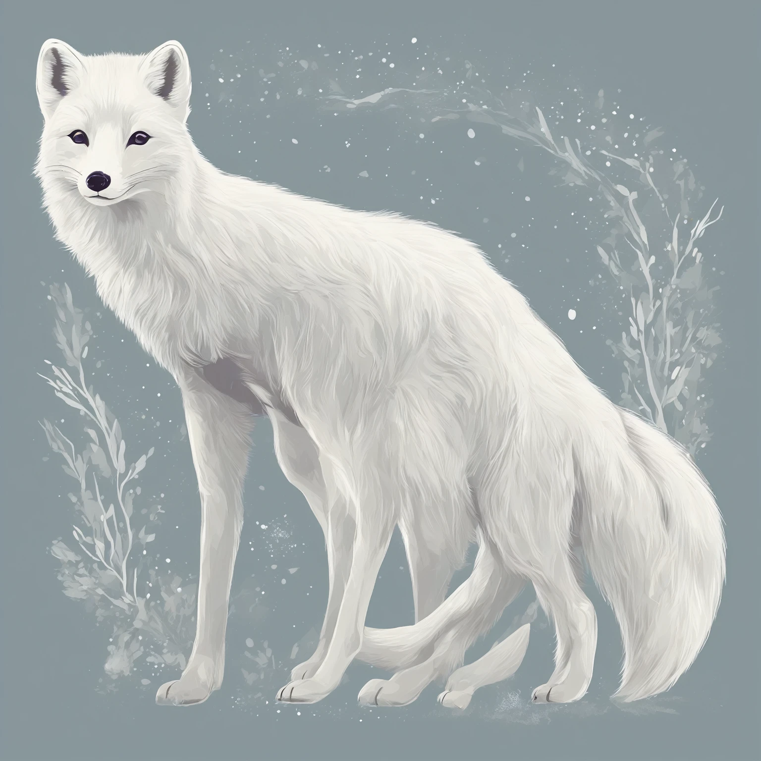 isolated vector art featuring the elegant Arctic fox. Utilize soft lines and a muted color palette to capture the beauty of this creature's fur and its icy environment. Focus on the fox's distinctive features, such as its fluffy tail and pointed ears. This design embodies the grace and resilience of the Arctic fox in its natural habitat, no-background, in the style of 0mib