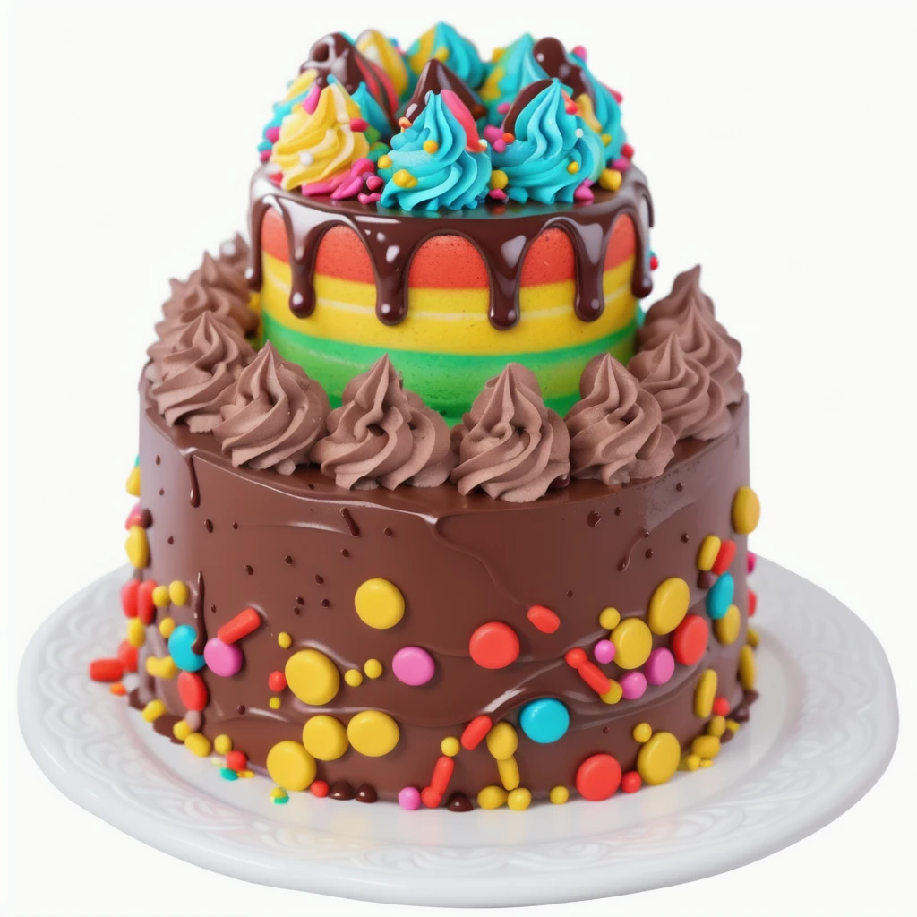on the white background, on a porcelain plate, a chocolate two-layer cream cake, decorated with sprinkles on the bottom, chocolate cream swirls on the first layer, the second cream layer multi-colored, chocolate ganache on the second layer, multi-colored swirls with sprinkles on top, realistic texture, realistic style, detailed texture, high quality, high resolution, high quality rendering, realistic photo, brightning light, macro photo, ultra hd 4k